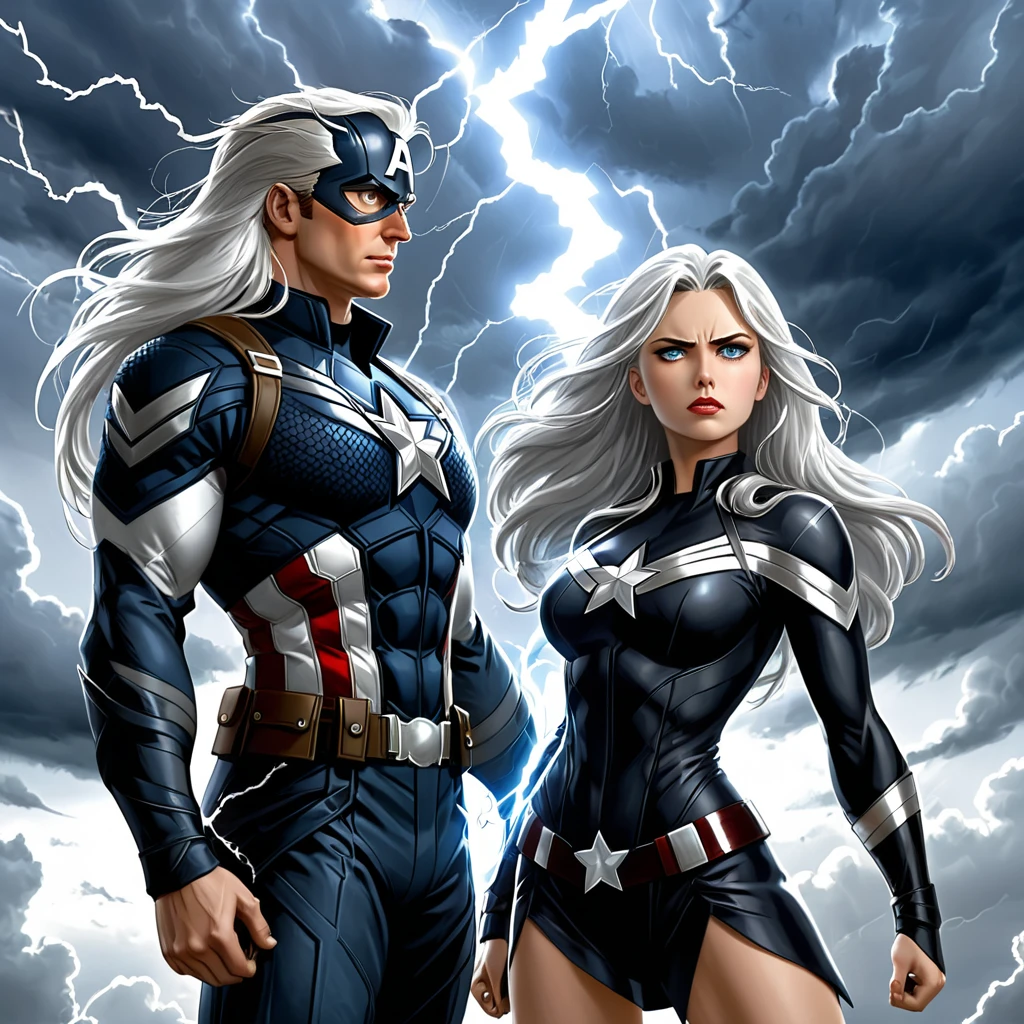 she is tall, athletic woman with long silver hair., which glows faintly when he uses his powers. His eyes change color depending on his emotional state and the weather phenomena he manipulates.., from a calm blue sky to a stormy gray. Her heroine outfit is black and white., with silver details that resemble lightning and clouds.tornado symbol with Captain America&#39;shield