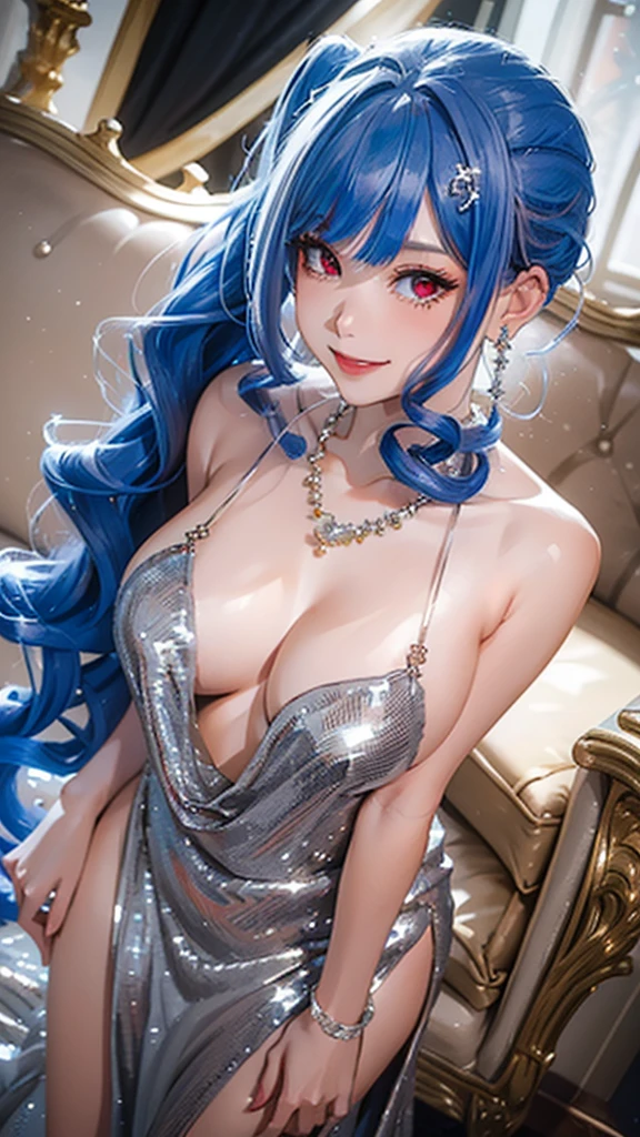 (((masterpiece, super high resolution, ultra HD, 8K quality))), (((woman in Platinum silver colored evening dress))), (((See-through revealing dress))), (((blue Hair))) (((right side pony tail hair))), (((wave hair))), (((beautiful sparkling red eyes, pupils with highlights))), ((long bangs)), pink lips, sexy expression, ((highly detailed)), (perfectly detailed face), (detailed and carefully drawn hands), (((very Big Tits, cute smile))), photorealistic image, silver tiara and earrings, pearl necklace, jade bangle, diamond ring, Beautiful figure from the knees up, standing, beautiful pose
