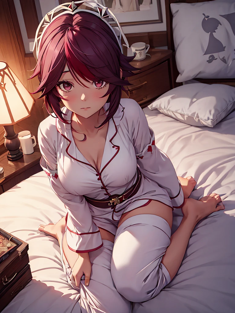 Rosaria from Genshin impact game, 1woman, wearing a cute pajamas, at morning bed, short hair style, 8k, high detailed, high quality, full body