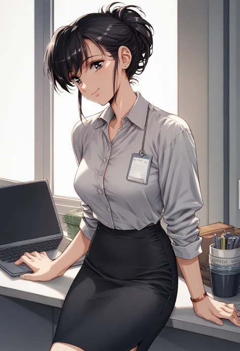 shoulder-length hair　black hair　office lady　using a laptop　office woman　anime style　smile