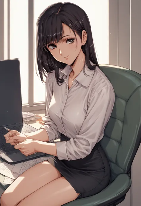 shoulder-length hair　black hair　office lady　using a laptop　office woman　anime style　smile