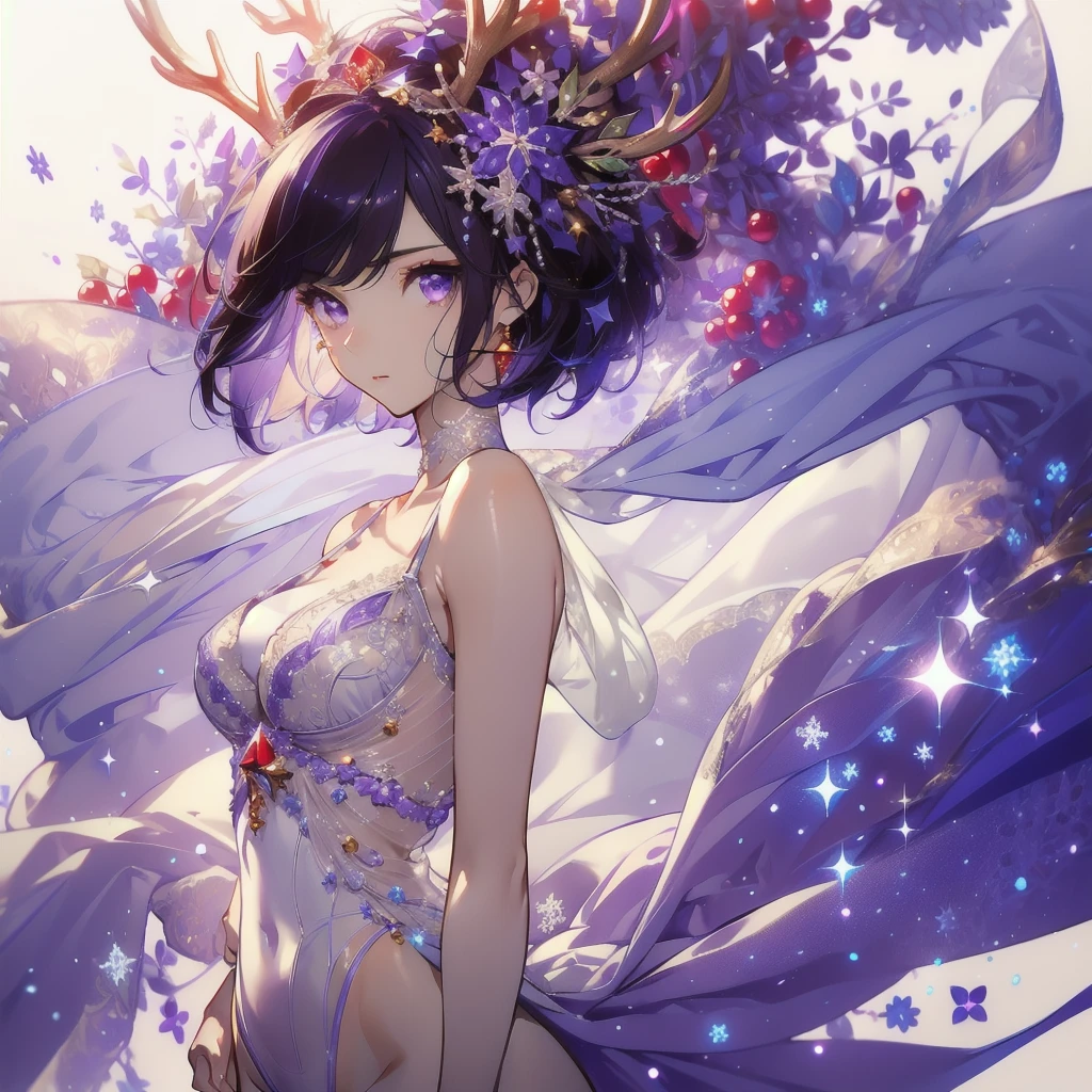 ((masterpiece, best quality)), Delicate face，Beautiful goddess，Christmas，Elk，Standing picture，whole body，Perfect body proportions，Long legs，Handsome short hair，Beautiful purple eyes，Fantasy style，White background，Extremely beautiful，transparent，Sexy，Sexy Lingerie