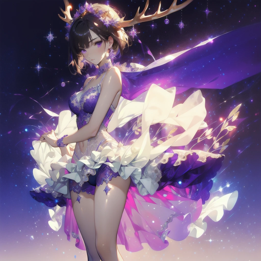 ((masterpiece, best quality)), Delicate face，Beautiful goddess，Christmas，Elk，Standing picture，whole body，Perfect body proportions，Long legs，Handsome short hair，Beautiful purple eyes，Fantasy style，White background，Extremely beautiful，transparent，Sexy，Sexy Lingerie