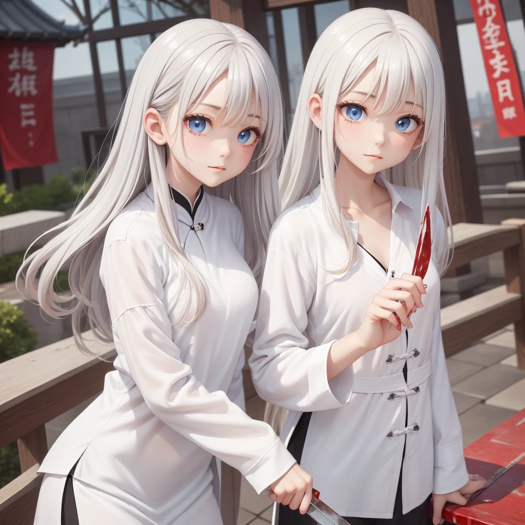 masterpiece, Highest quality, night, Outdoor, rainy days, branch, Chinese style, ancient China, 1 female, Mature Woman, A woman with long silvery white hair, Gray blue eyes, Pale pink lips, cold, Severe, weak, bangs, assassin, Short knife, White clothes, Black clothing pattern, Blood stains, Blood, Injury, Blood on the face, Blood on the clothes, rain, Beautiful Face, Beautiful Face,