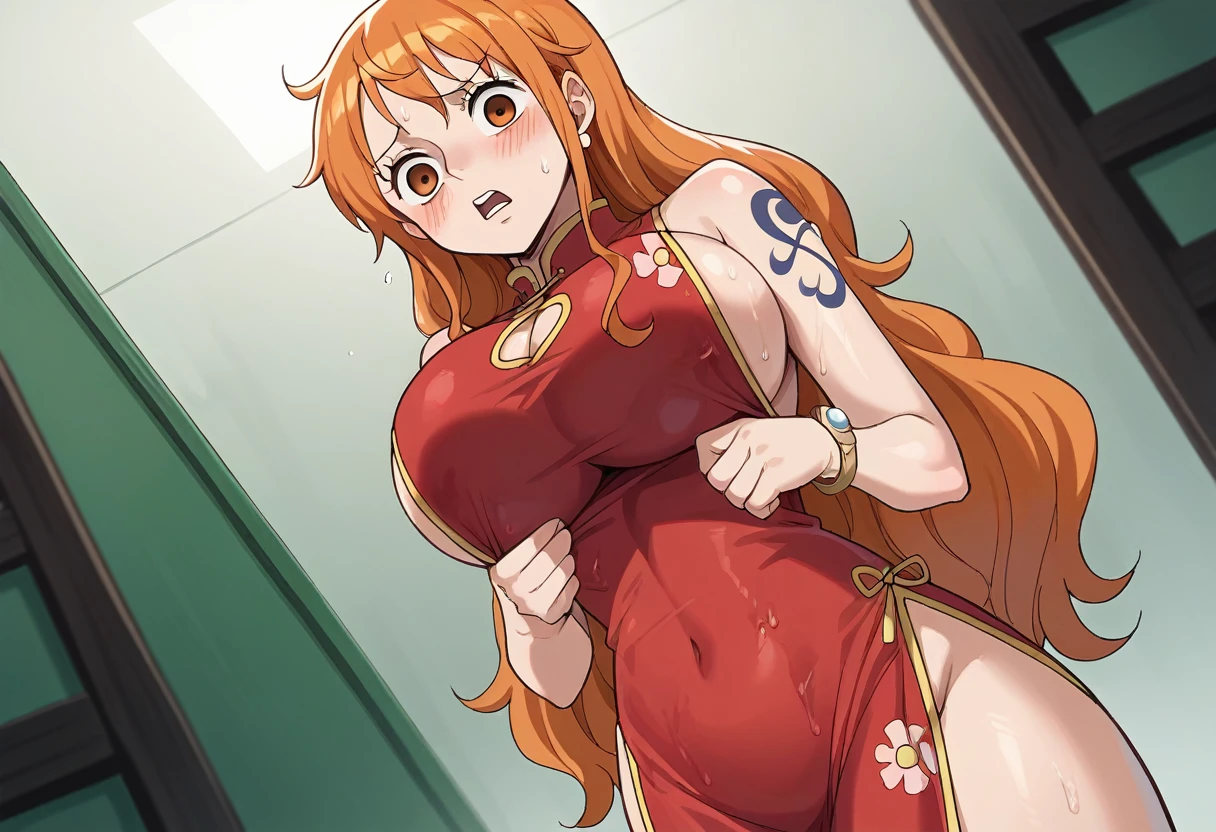 score_9, score_8_up, score_7_up, source_anime, best quality, clear face, Nami, orange hair, orange eyes, long hair, large breasts, perfect body, standing, looking at viewer, shocked, china dress, red clothes, dynamic angle, indoor, wet clothes,blushing,embrassed,see though clothes,big boob,hands on boob, view from below,bend over,ripped clothes