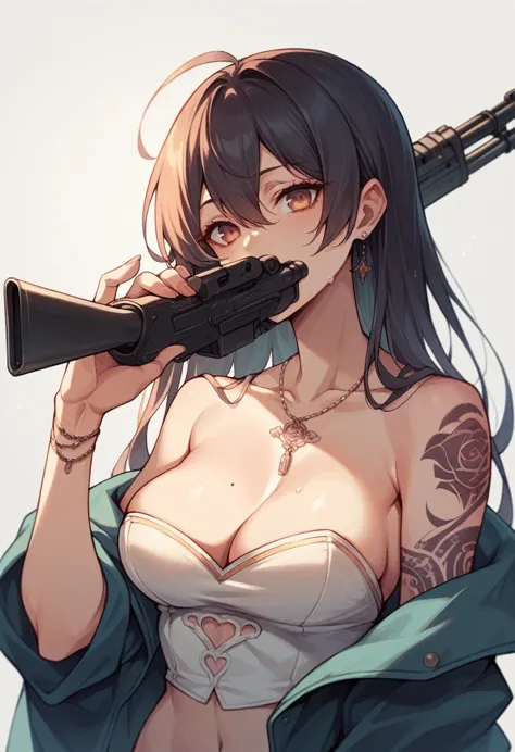 beautiful woman tsukino usagi, with tattoos, and holding a machine gun