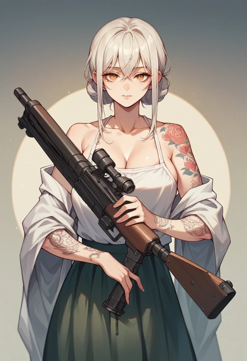 Beautiful woman Tsukino Usagi, with tattoos, and holding a machine gun