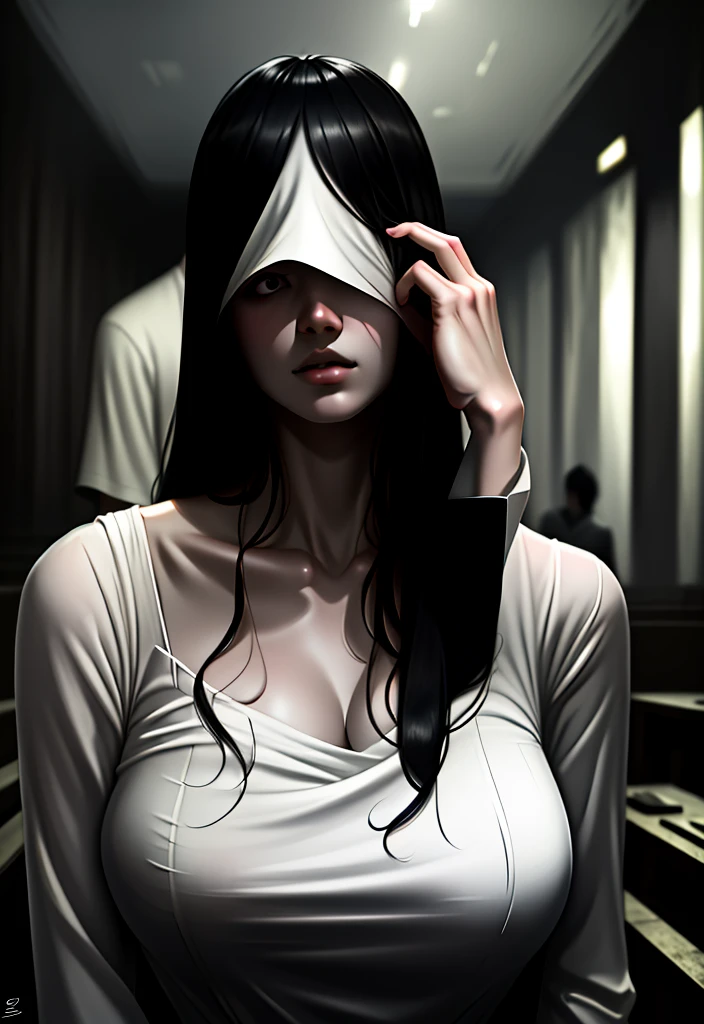 ((masterpiece)), (best quality), (absurdists), black hair, yamamura_sadako, white dress, (grey skin), hair over eyes, eyes covered, looking at the viewer very sexual in the dark forest super realistic and well detailed