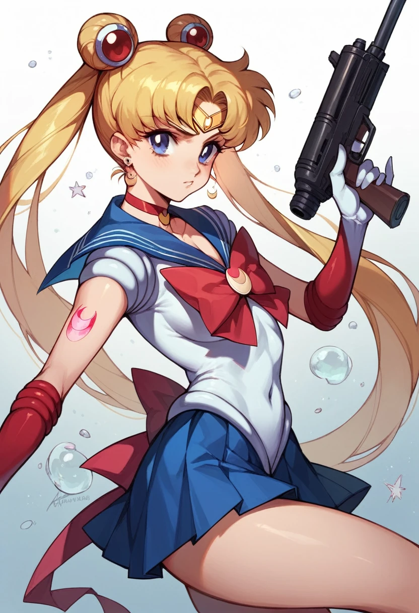 Tsukino Usagi, sailor moon,  with tattoos, and holding a machine gun