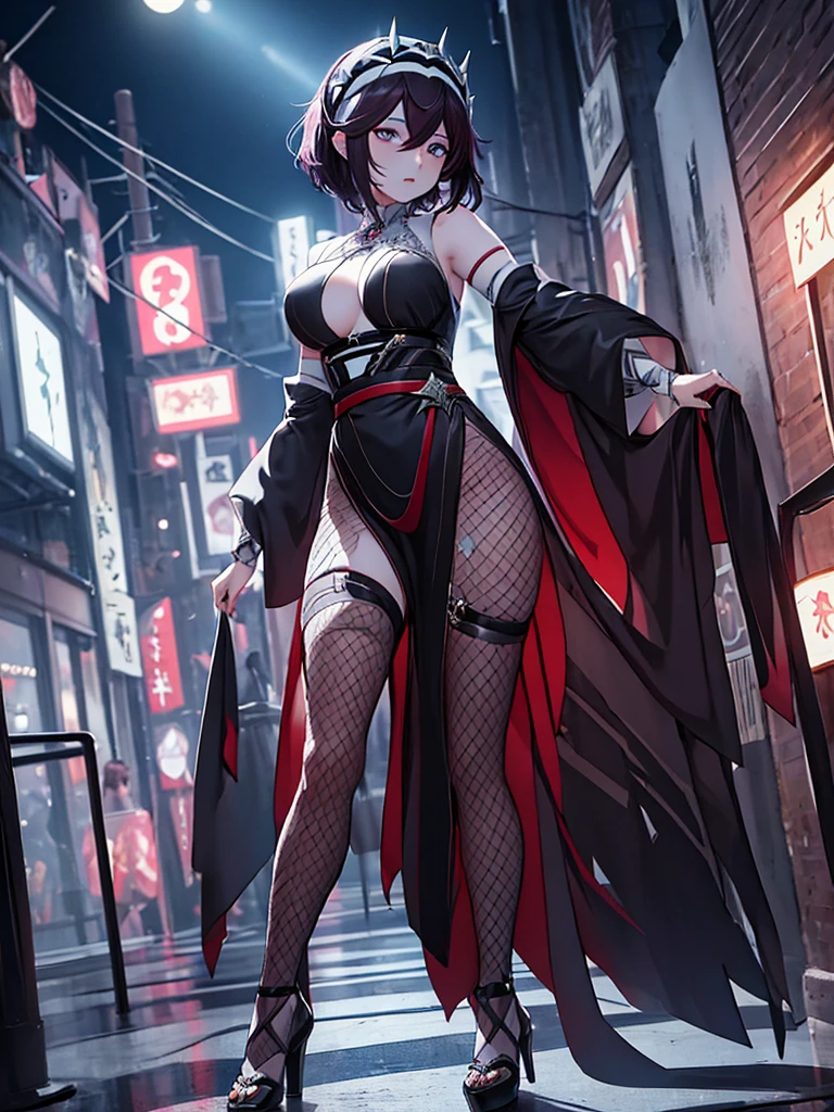 1Rosaria from Genshin impact game, 1woman, wearing a stylish black colour short party frock, at a night , short hair style, pale skin, 8k, high detailed, high quality, full body, only one person 