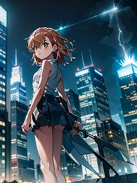 masterpiece, best quality,1girl, solo, ,misaka mikoto, standing,urban, city,skyscrapers,  thunder bolts, flashing, glowing,  dyn...