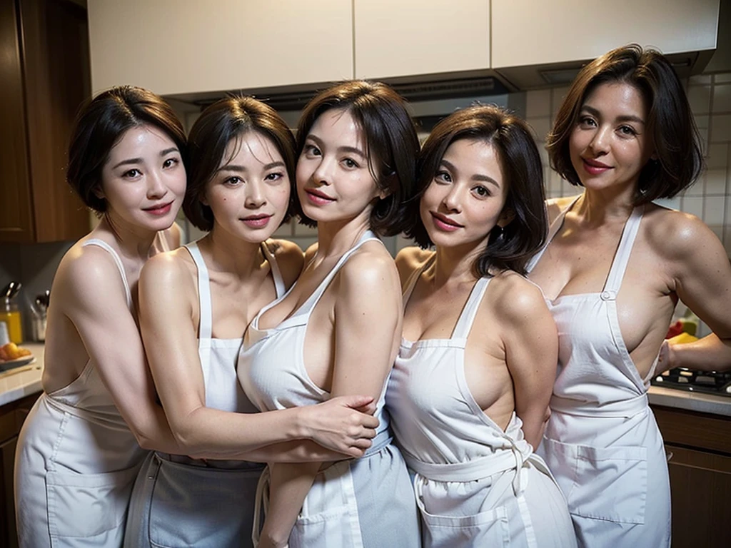 (masterpiece:1.4),(50-year-old female:1.5),(facial wrinkles 1.2), (Bob Hair : 1),(Three Women : 1),  Side angle、A kind smile,Maternal, Mature Woman, (Naked and wearing a white apron : 1.3), (Large Breasts: 1.2),Are fat、 Acne, Skin blemishes, spot,(Plump arms : 1.3), kitchen