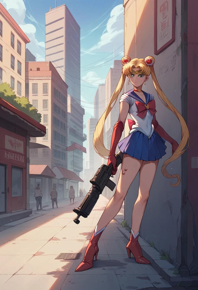 Tsukino Usagi, sailor moon,  with tattoos, and holding a machine gun, sensual, Background, urban architecture, depth