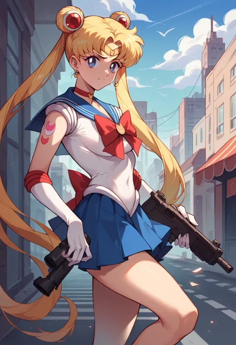 tsukino usagi, sailor moon,  with tattoos, and holding a machine gun, sensual, background, urban architecture, depth