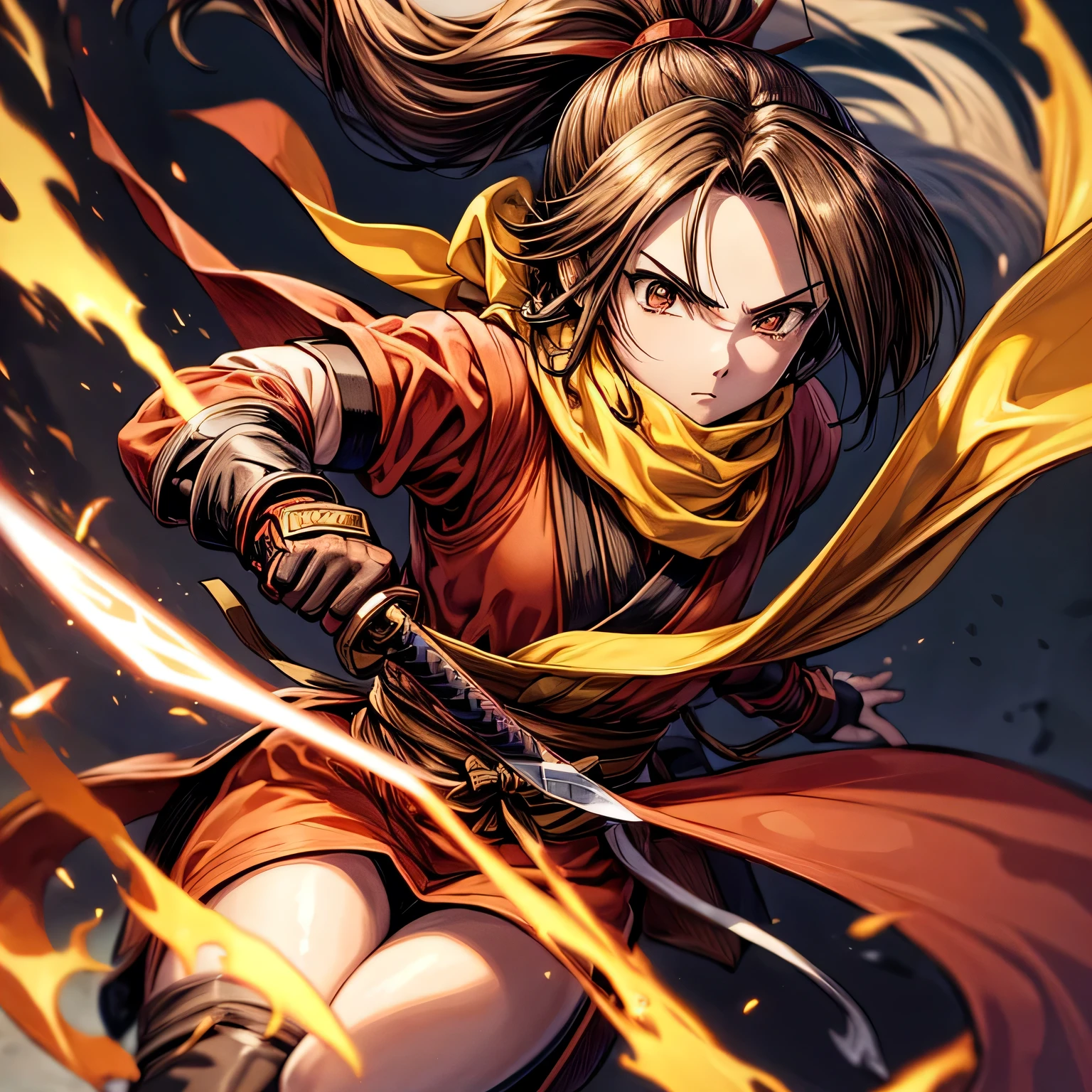 (masterpiece, best quality, ultra detailed), 1girl, ninja, shinobi, kunoichi, brown hair, short katana, flame, action pause, (Fujibayashi Suzu), (red clothes), 8yo, pony tail, long hair, yellow scarf, dynamic pause, fight monsters、