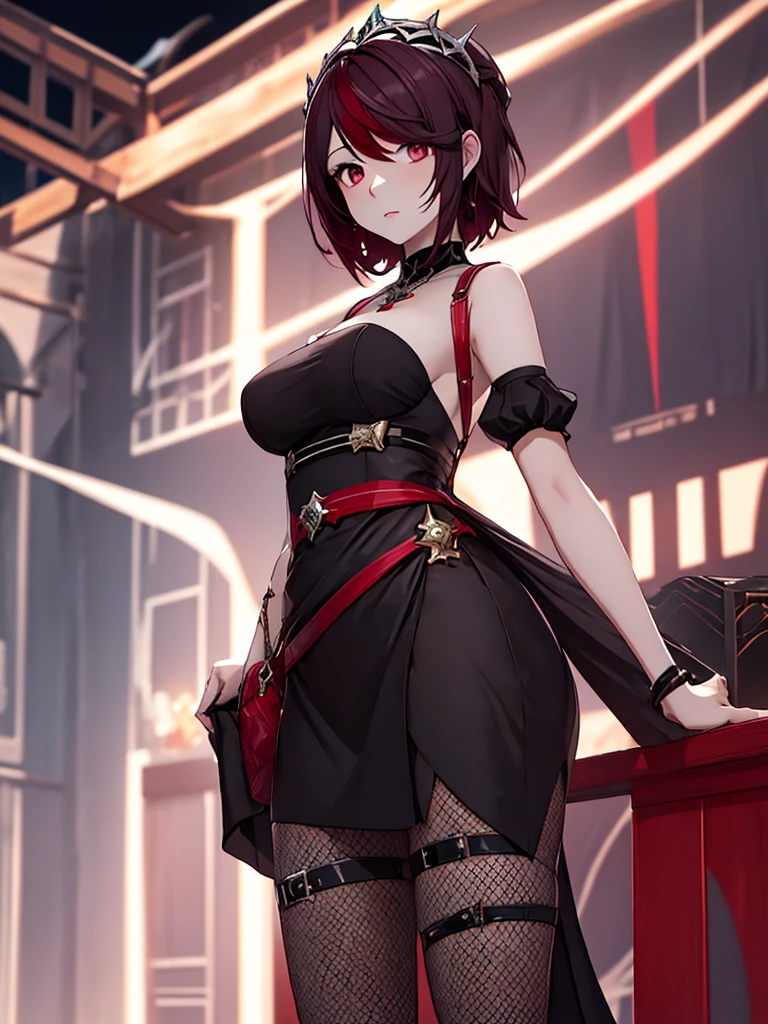 1Rosaria from Genshin impact game, 1woman, wearing a stylish black colour short frock at a night , dark red colour short hair style and pale skin, 8k, high detailed, high quality