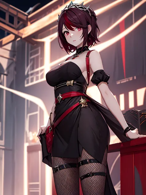 1Rosaria from Genshin impact game, 1woman, wearing a stylish black colour short frock at a night party, dark red colour short ha...