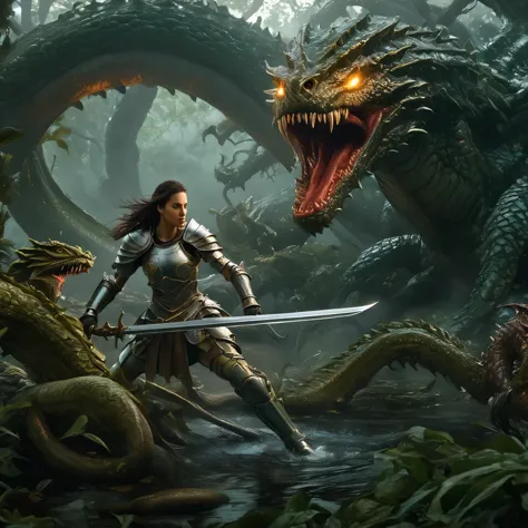 a beautiful female knight battling a multi-headed hydra monster, highly detailed, fantasy, epic battle scene, a swamp, in a dark...