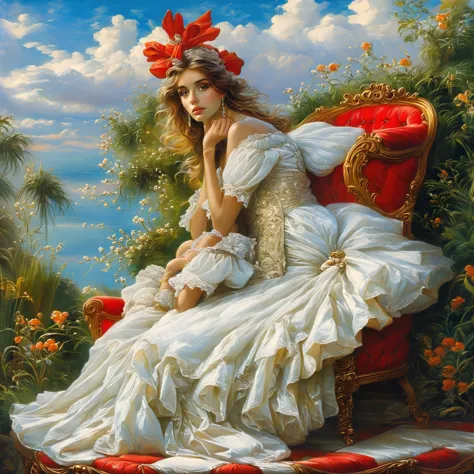 painting of a woman in a white dress sitting on a red chair, inspired by franz xaver winterhalter, elegant digital painting, rom...