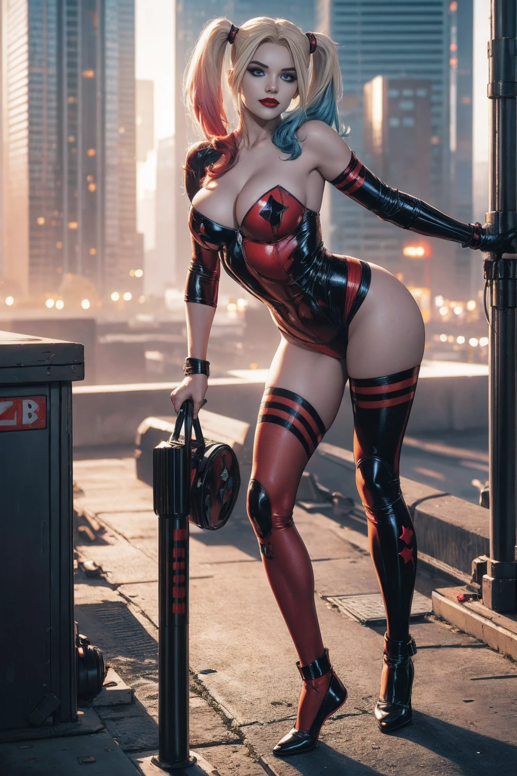 ((full-length portrait, standing, feet on the floor)) straight, looking at viewer, BREAK, cartoon_Harley Quinn, lipstick, original outfit, blue eyes, makeup, lips, red lips, Bodysuit, cleavage, heroine pose, bright, centered art, BREAK, official arts, extremely detailed CG unit wallpaper 8k, full body, looking at viewer, perfect lighting, colorful, bright facial lighting, glowing skin, standing, (masterpiece: 1.0), (best quality: 1.0), extra high resolution, 4k, ultra-detailed, photographic, 8K, HDR, high resolution, down to earth, (nonsense: 1.2), Kodak Portra 400, film grain, blurred background, ( bokeh: 1.2), lens flare, (Vibrants_Color: 1.2), professional photo of a, (pretty face: 1.5) night city background, skyscraper on the roof, exposed skin,
