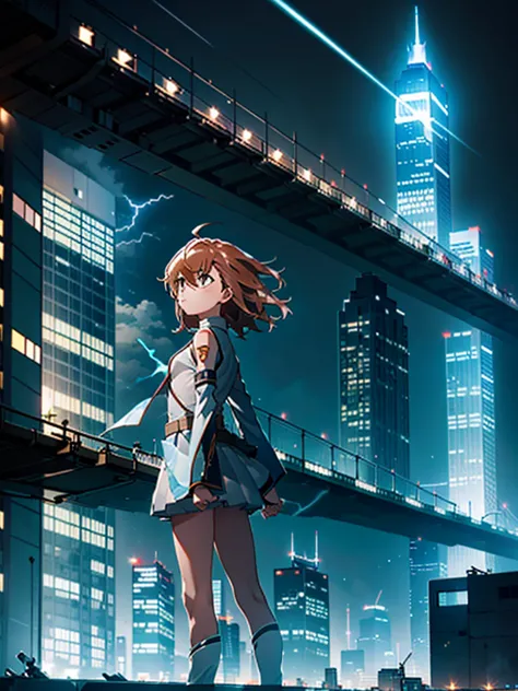 masterpiece, best quality,1girl, solo, ,misaka mikoto, standing,urban, city,skyscrapers,  thunder bolts, flashing, glowing,  dyn...