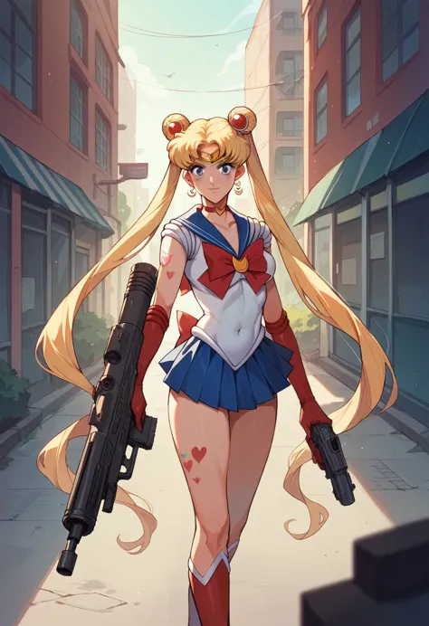 tsukino usagi, sailor moon,  body full of tattoos, and holding a machine gun, sexy clothes, sensual, background, urban architect...