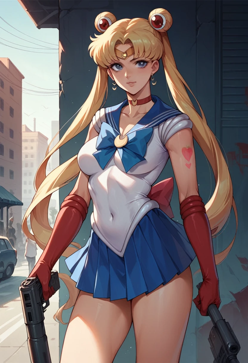 Tsukino Usagi, sailor moon,  body full of tattoos, and holding a machine gun, sexy clothes, sensual, Background, urban architecture, depth