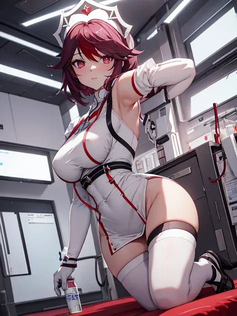 Rosaria from Genshin impact game, 1woman, as a nurse, wearing a white colour nurse outfit, at a hospital, dark red short hair, p...