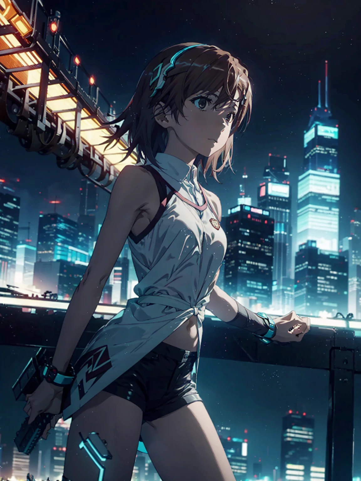 masterpiece, best quality,1girl, solo, ,misaka mikoto, standing,Urban, City,skyscrapers, Thunder Bolts, Flashing, Glowing, Dynamic, Dramatic, Nighttime, Impressive,