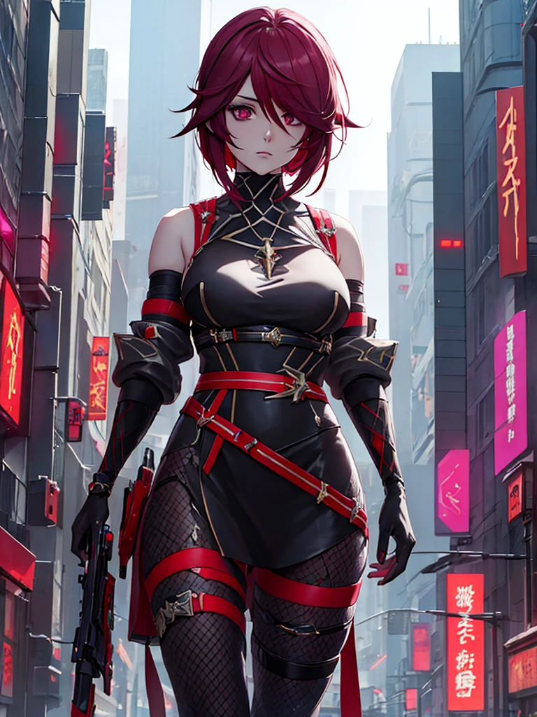 Rosaria from Genshin impact game, 1woman, wearing a cyberpunk outfit, futuristic look, at a future city, dark red short hair style, pale skin, 8k, high detailed, high quality, full body