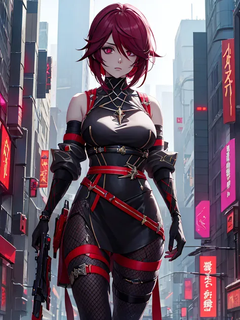 rosaria from genshin impact game, 1woman, wearing a cyberpunk outfit, futuristic look, at a future city, dark red short hair sty...