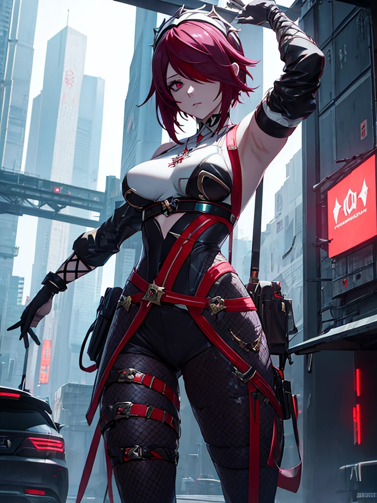 Rosaria from Genshin impact game, 1woman, wearing a cyberpunk outfit, futuristic look, at a future city, dark red short hair style, pale skin, 8k, high detailed, high quality, full body