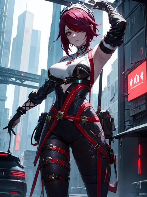 Rosaria from Genshin impact game, 1woman, wearing a cyberpunk outfit, futuristic look, at a future city, dark red short hair sty...