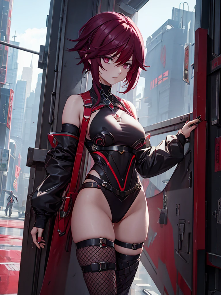 Rosaria do jogo Genshin Impact, 1 mulher, vestindo uma roupa cyberpunk, visual futurista, em uma cidade futura, cabelo curto ruivo escuro, pele pálida, 8K, altamente detalhado, alta qualidade, corpo todo