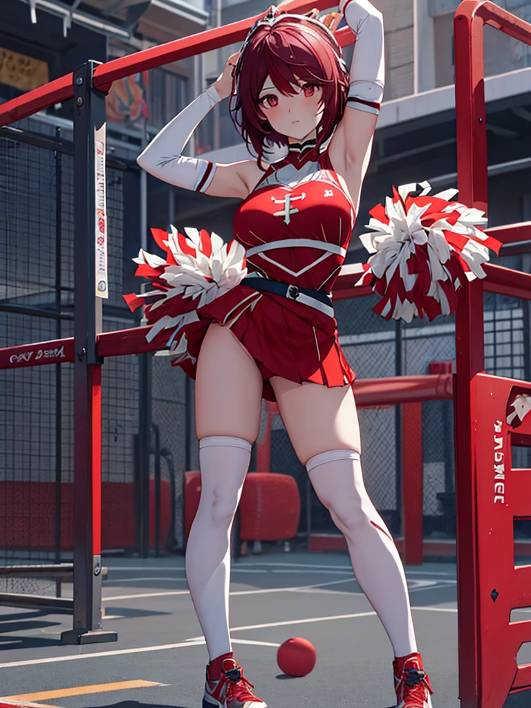 Rosaria from Genshin impact game, 1woman, as a cheerleader , wearing cheerleading outfit, at a playground, dark red short hair, pale skin, 8k, high detailed, high quality, full body