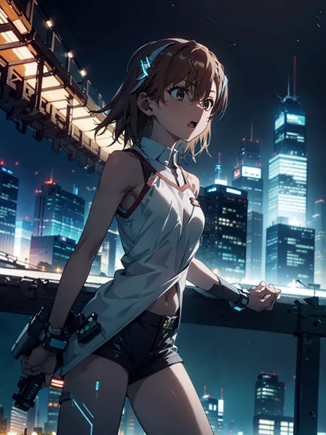 masterpiece, best quality,1girl, solo, ,misaka mikoto, standing,urban, city,skyscrapers,  thunder bolts, flashing, glowing,  dyn...