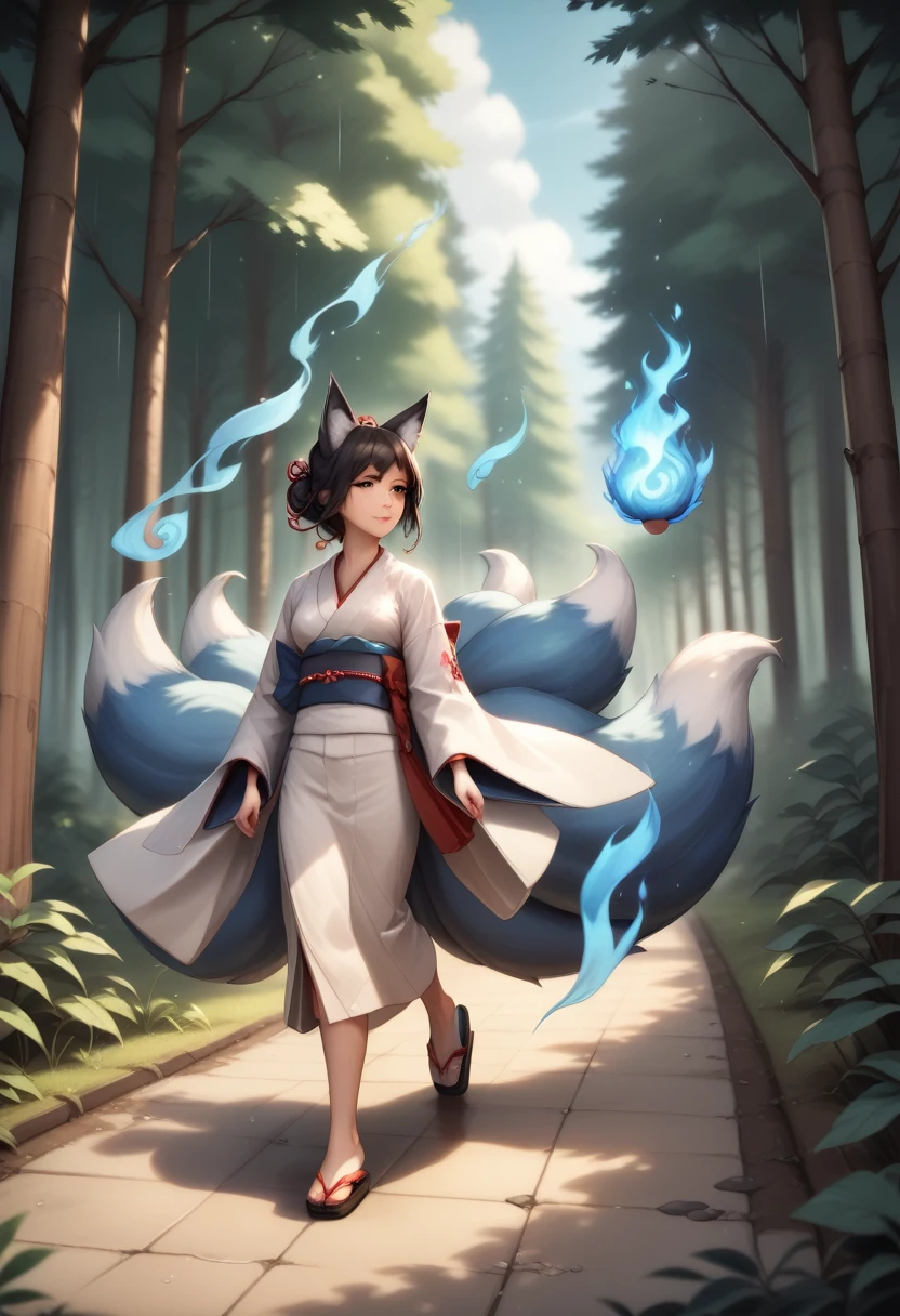 Masterpiece, Extremely detailed, , close distance shot, (A beautiful kitsune woman walking in a rainy forest holding a small ball of blue fire), facing viewer, dynamic pose , fox ears, nine fox tails, traditional Japanese clothing. 