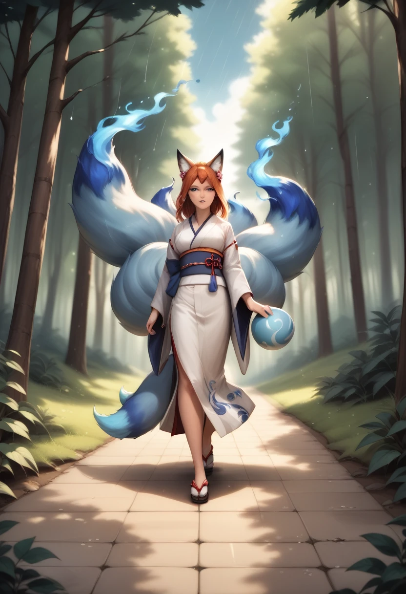 Masterpiece, Extremely detailed, , close distance shot, (A beautiful kitsune woman walking in a rainy forest holding a small ball of blue fire), facing viewer, dynamic pose , fox ears, nine fox tails, traditional Japanese clothing. 