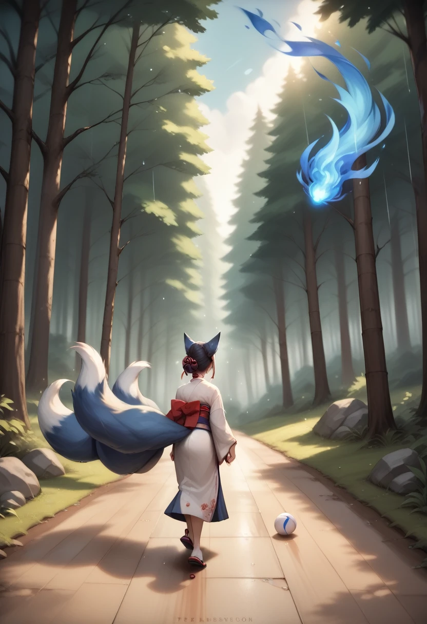 Masterpiece, Extremely detailed, , close distance shot, (A beautiful kitsune woman walking in a rainy forest holding a small ball of blue fire), facing viewer, dynamic pose , fox ears, nine fox tails, traditional Japanese clothing. 