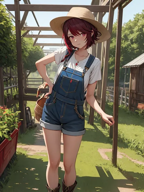 Rosaria from Genshin impact game, 1woman, as a farm woman, wearing farm outfit with overalls and hat, at a farm, dark red short ...