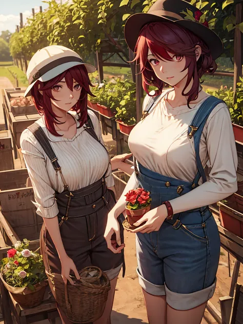 Rosaria from Genshin impact game, 1woman, as a farm woman, wearing farm outfit with overalls and hat, at a farm, dark red short ...