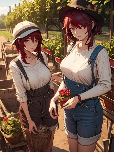 rosaria from genshin impact game, 1woman, as a farm woman, wearing farm outfit with overalls and hat, at a farm, dark red short ...