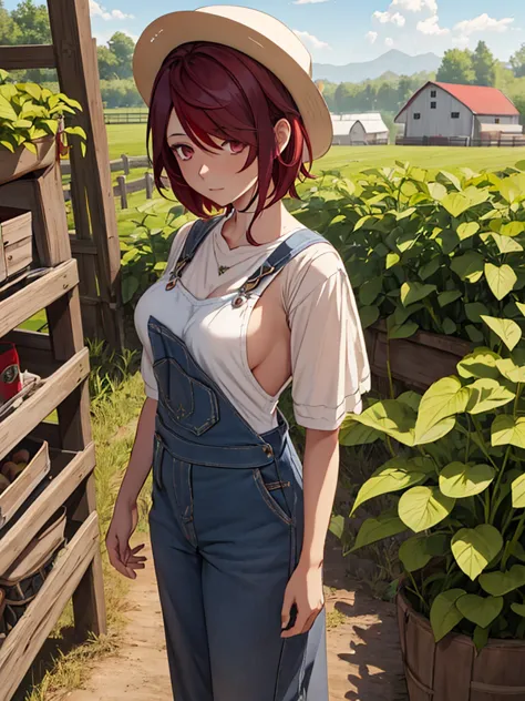 Rosaria from Genshin impact game, 1woman, as a farm woman, wearing farm outfit with overalls and hat, at a farm, dark red short ...
