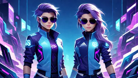 a character with an e-sport player look, using shades of blue and purple