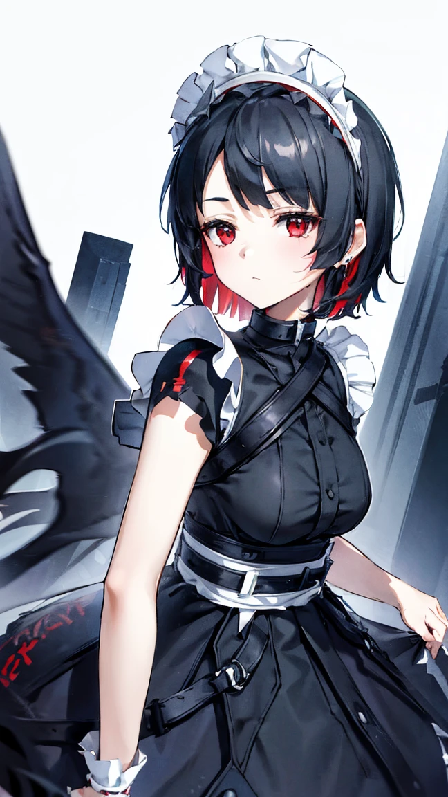 High resolution,High resolution,girl,Black Hair,short hair,Red eyes,Slanted Eyes,Bad mood,boyish,thin,Toned body,,,Maid clothes,Starry Sky,choker,,