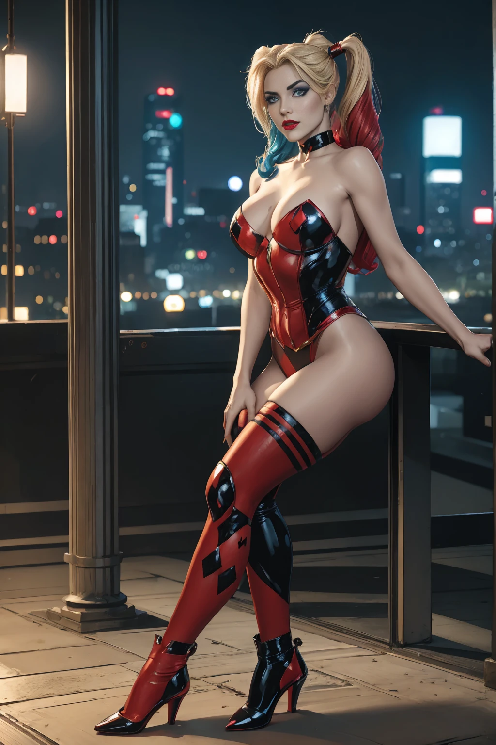 ((full-length portrait, standing, feet on the floor)) straight, looking at viewer, BREAK, cartoon_Harley Quinn, lipstick, original outfit, blue eyes, makeup, lips, red lips, Bodysuit, cleavage, heroine pose, bright, centered art, BREAK, official arts, extremely detailed CG unit wallpaper 8k, full body, looking at viewer, perfect lighting, colorful, bright facial lighting, glowing skin, standing, (masterpiece: 1.0), (best quality: 1.0), extra high resolution, 4k, ultra-detailed, photographic, 8K, HDR, high resolution, down to earth, (nonsense: 1.2), Kodak Portra 400, film grain, blurred background, ( bokeh: 1.2), lens flare, (Vibrants_Color: 1.2), professional photo of a, (pretty face: 1.5) night city background, skyscraper on the roof, exposed skin,
