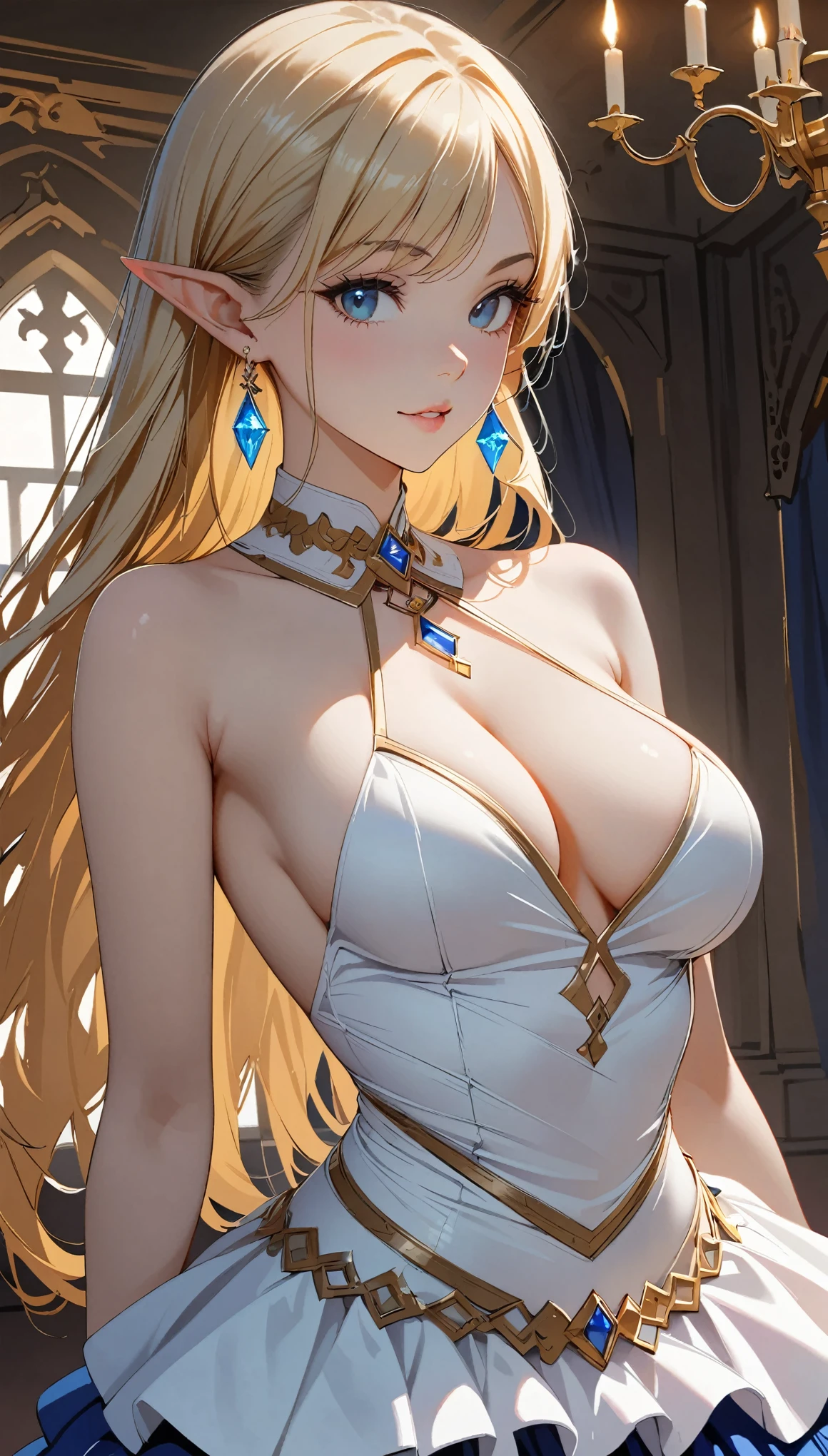 1 girl, Beautiful elf lady, begie blonde Long straight hair, upturn elf pointy ears, sexy figure, perfect breast, charming cleavage, very beautiful face, cute face, delicate eyes, detailed pupil, beautiful and delicate lips, pale skin, Serious, arrogant, absurd, White gorgeous detailed dress, royalties, celebration, elegant, Noble, Bare shoulders, small crystal earrings, hand drawn animation, high detailed, palace banquet hall, symmetrical clothes, best quality, masterpiece, Fair, Octane Render