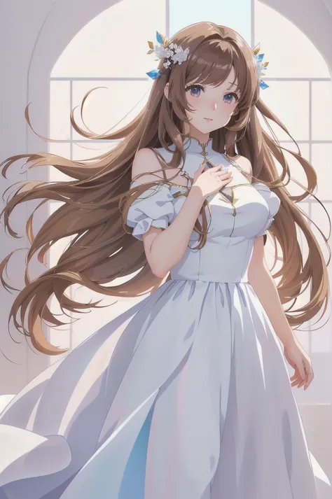 anime girl with long brown hair and white dress in a white room, anime goddess, cute anime waifu in a nice dress, beautiful anim...