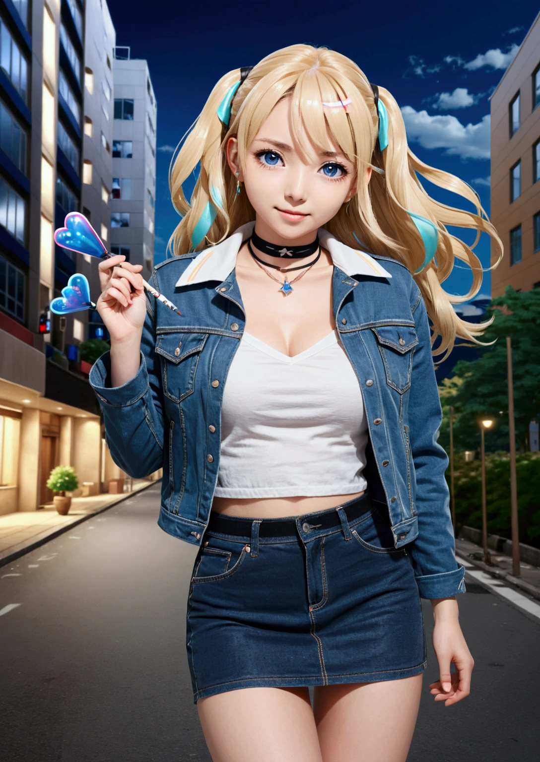 photorealistic of young teenage female, shirakawa runa, on city avenue, she looking at viewer and smiling, she wears black choker, denim jacket, white t-shirt and denim pencil mini skirt, (1girl, solo, full body), (masterpiece, best quality)