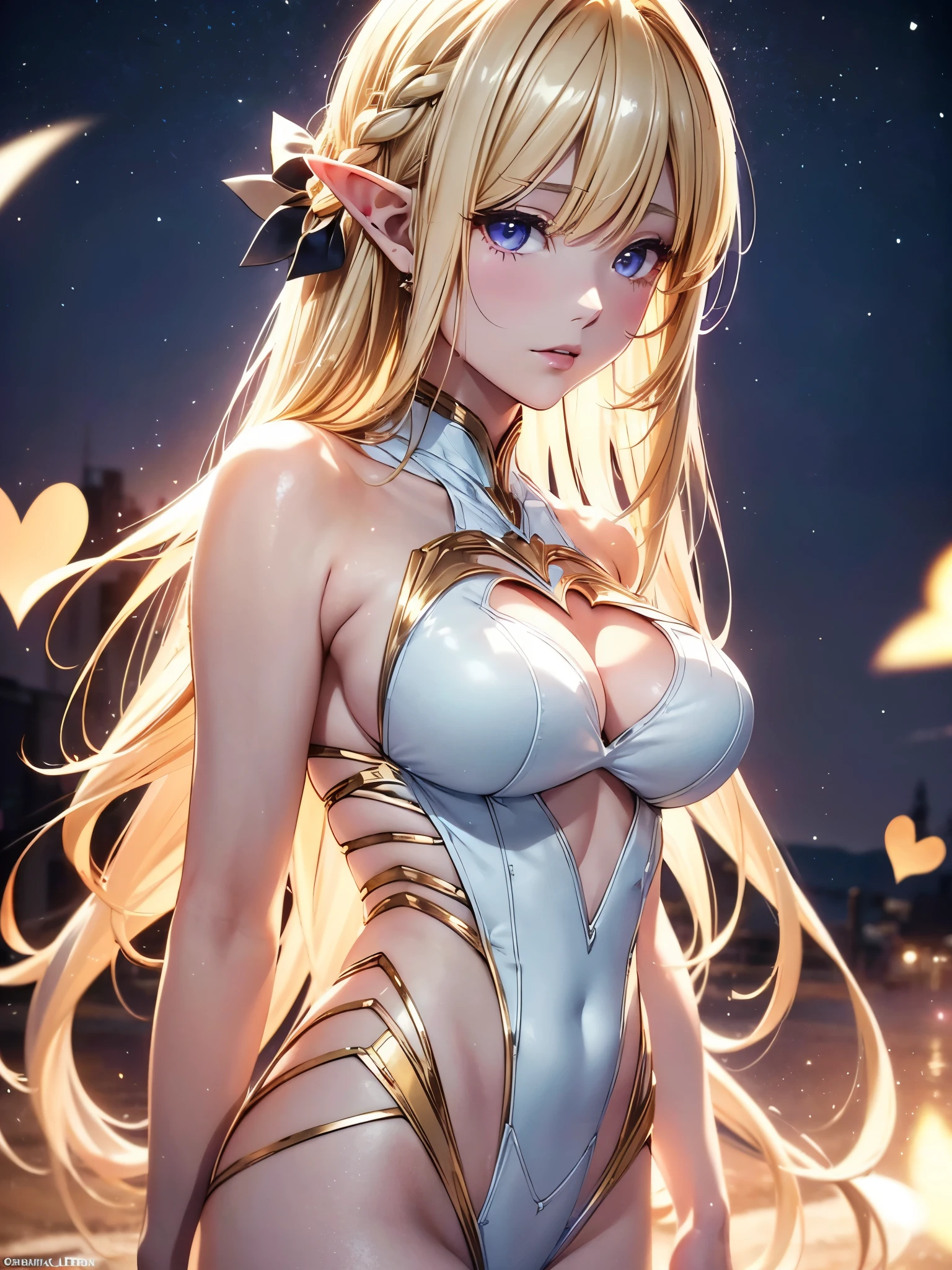 1 elf girl, one person solo, love and heart, (beautiful elf lady), (honey blonde hair Gradient sliver white end:1.6), (streaked beige-blue hair:1.4), (absurdly long wavy hair), hair strand, single sidelock, shiny hair, floating hair, (symphony purple eyes), high-detailed and delicate eyes, colourful eyes makeup, red lips, ultra detailed facial, upturned elf pointy ears, porcelain skin, warm tone skin, whole body, extreme detailed, break, 
  Extra long white detailed classic dress, Graphic printing clothes, classic and simple clothing masterpiece, (several heart swirl around the body), ( _give heart _give love:1.4
), break, 
  Walking on the street, in the cyberpunk future city, old street, looking at the starry night sky, star night, meteor, cloud, neon, heart, detailed background, beautiful background, bloom, break, 
  Full body, photography art, shallow depth of field, fine focus, 8K photo, chiaroscuro, sparkle, Volumetric lighting, [Edge lighting], studio lighting, cinematic lighting, (realistic, photorealistic, photo-realistic:1.37), ultra-fine painting, break,
  Love theme anime, Loving theme illustration, (the art of crossover ancient classics with future technology), realism, イーブイの絵, best quality, 8K quality, HDR, UHD, 8K, super detail, masterpiece, highres, curate, retina, perfect CG, CG unity, physically-based render, Octane Render, 3D Render,